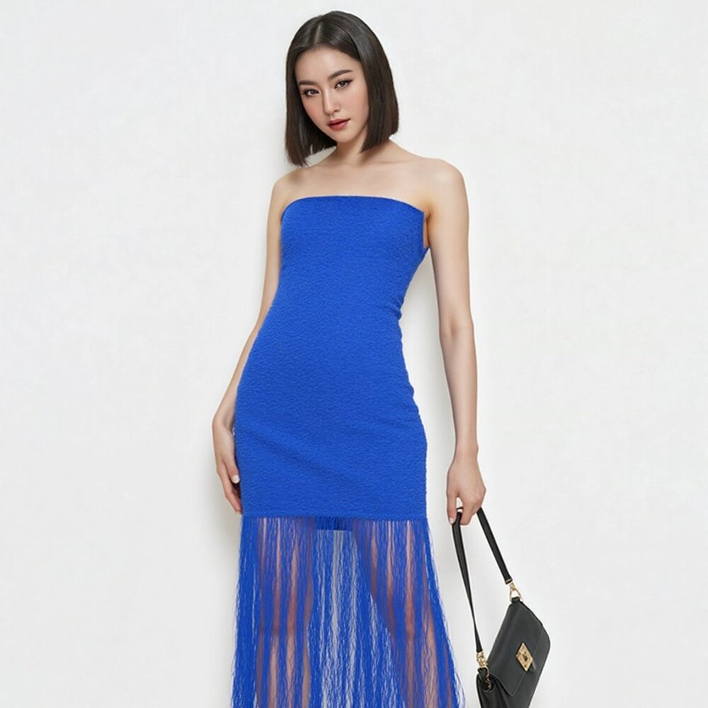 NWT WOW CULTURE Royal Blue Fringe Halter Dress, Size S (BB1327)